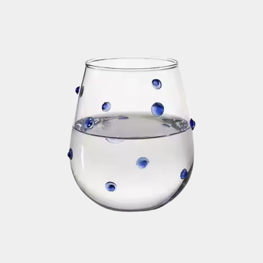 The Kit Clear Stemless Wine Glass With Blue Dots